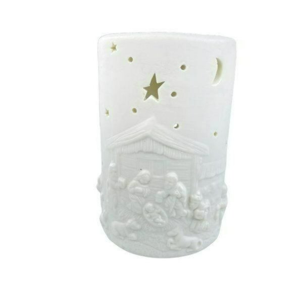 Ornamental Jade Porcelain Nativity Votive Candleholder 5in x 3.5in Holiday Decor - Picture 1 of 6